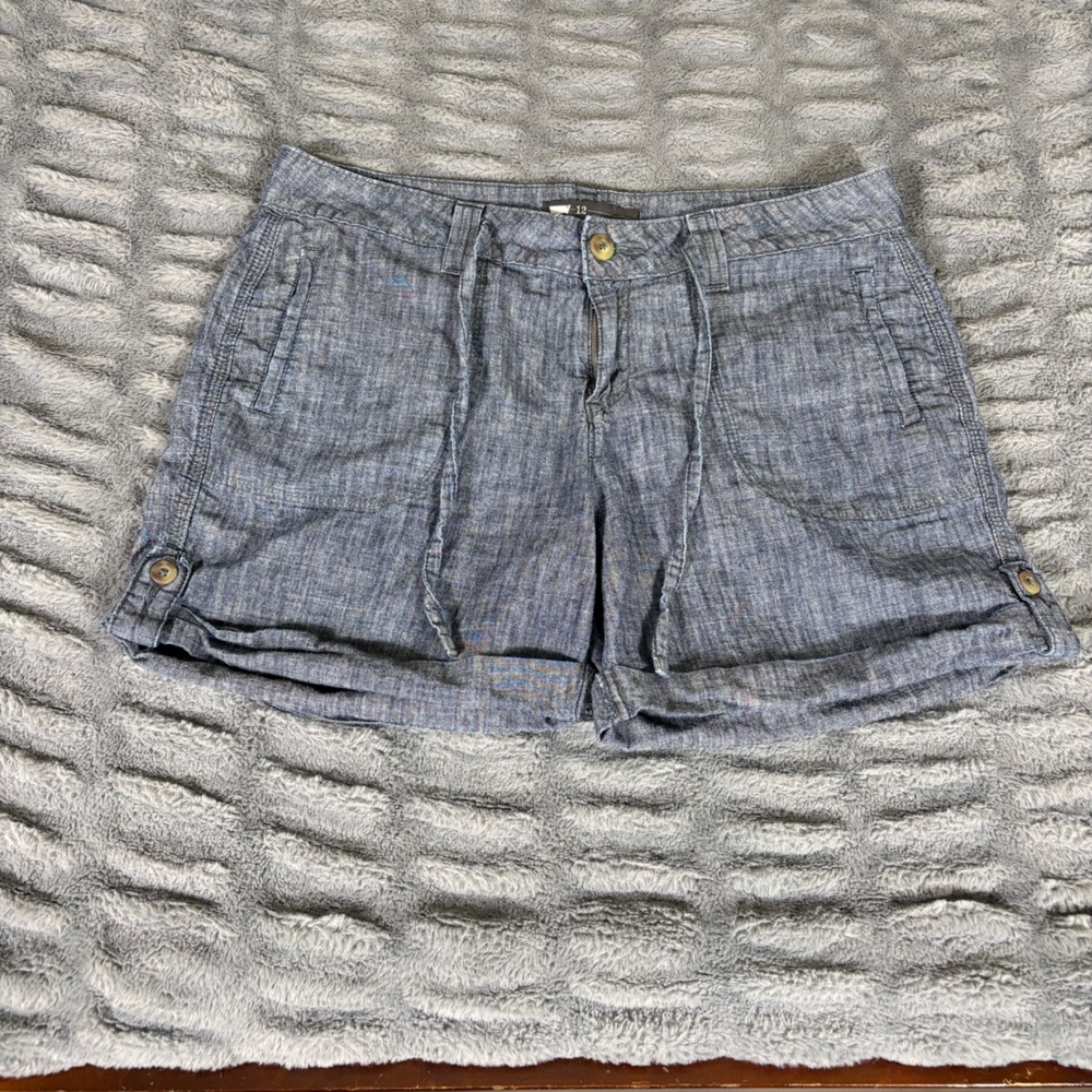 Levis Womens Blue Cotton Chambray Utility Shorts Size 12 Cuffed Drawstring AR625
